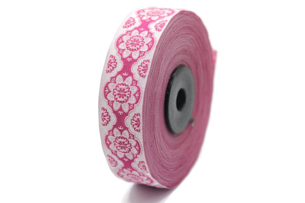 25 mm Pink Floral ribbon, Jacquard ribbon, 0.98 inches, Decorative ribbon, Craft Ribbon, Jacquard trim, costume ribbon, sewing trim, 25707