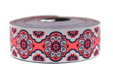 25 mm Neon Pink Floral ribbon, Jacquard ribbon, 0.98inch, Decorative ribbon, Craft Ribbon, Jacquard trim, costume ribbon, sewing trim, 25707