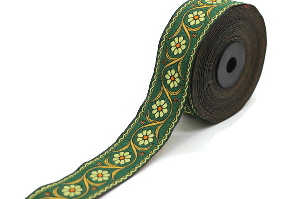 35 mm Green Daisy Blossom ribbon (1.37 inches), Vintage Jacquard, Floral ribbon, Floral trim, woven jacquard, jacquard ribbons, 35938