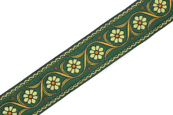 35 mm Green Daisy Blossom ribbon (1.37 inches), Vintage Jacquard, Floral ribbon, Floral trim, woven jacquard, jacquard ribbons, 35938