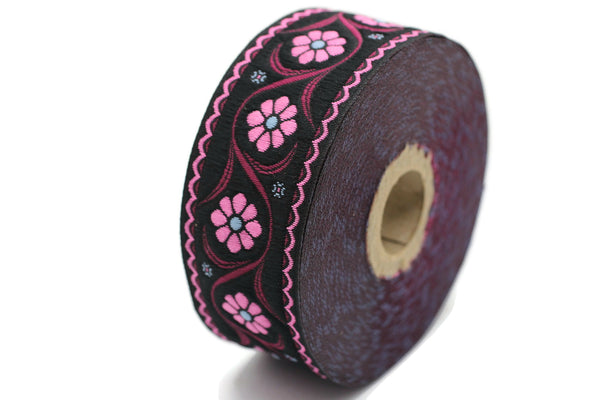 35 mm Pink Daisy Blossom ribbon (1.37 inches), Vintage Jacquard, Floral ribbon, Floral trim, woven jacquard, jacquard ribbons, 35938