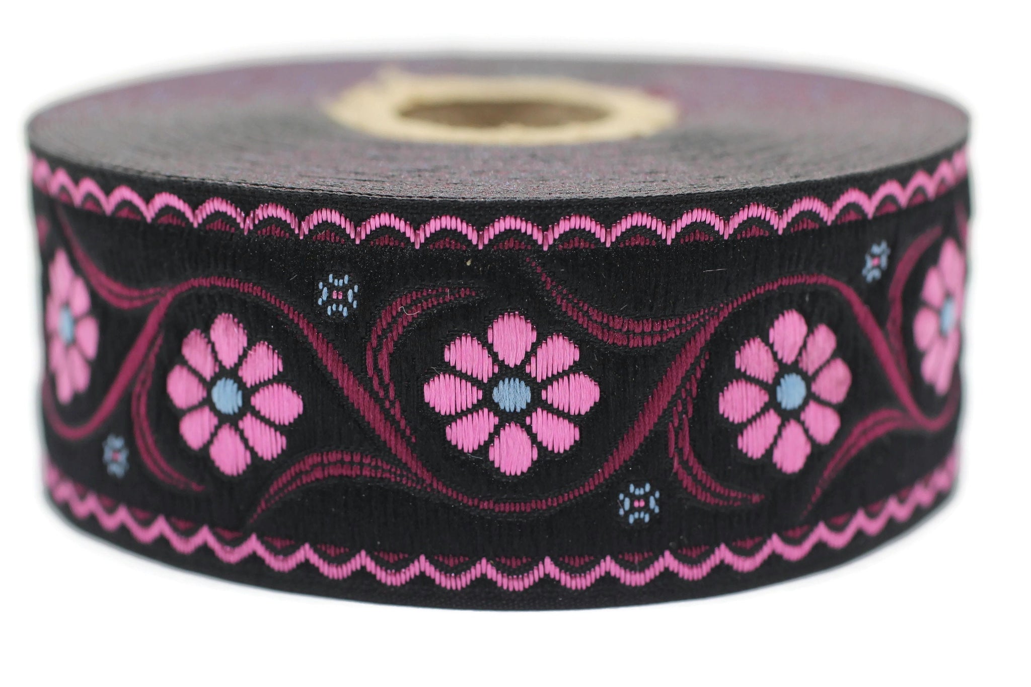 35 mm Pink Daisy Blossom ribbon (1.37 inches), Vintage Jacquard, Floral ribbon, Floral trim, woven jacquard, jacquard ribbons, 35938