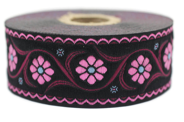 35 mm Pink Daisy Blossom ribbon (1.37 inches), Vintage Jacquard, Floral ribbon, Floral trim, woven jacquard, jacquard ribbons, 35938