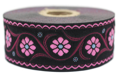 35 mm Pink Daisy Blossom ribbon (1.37 inches), Vintage Jacquard, Floral ribbon, Floral trim, woven jacquard, jacquard ribbons, 35938