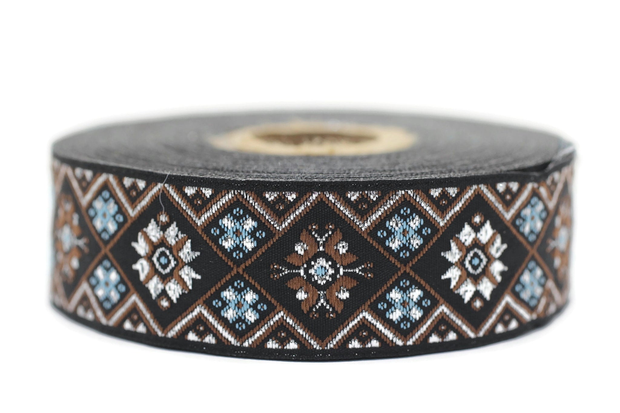 25 mm Blue/Brown Geometric Ribbon (0.98 inches), Geometric trim, jacquard trim, craft supplies, vintage trim, jacquard ribbon, 25975