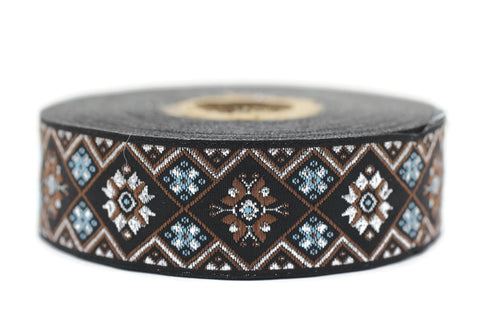 25 mm Blue/Brown Geometric Ribbon (0.98 inches), Geometric trim, jacquard trim, craft supplies, vintage trim, jacquard ribbon, 25975