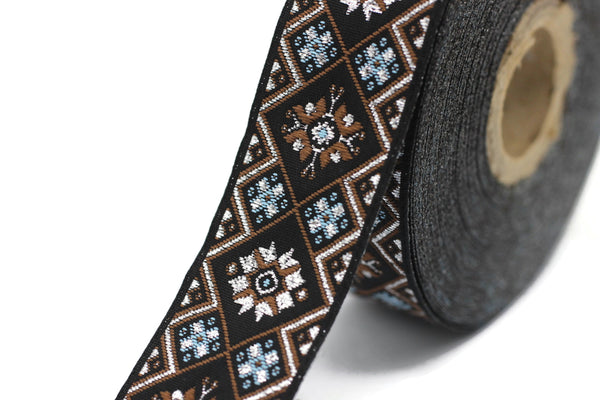 25 mm Blue/Brown Geometric Ribbon (0.98 inches), Geometric trim, jacquard trim, craft supplies, vintage trim, jacquard ribbon, 25975