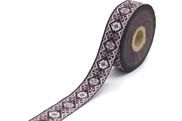 25 mm Black/Poudre Geometric Ribbon (0.98 inches), Geometric trim, jacquard trim, craft supplies, vintage trim, jacquard ribbon, 25975