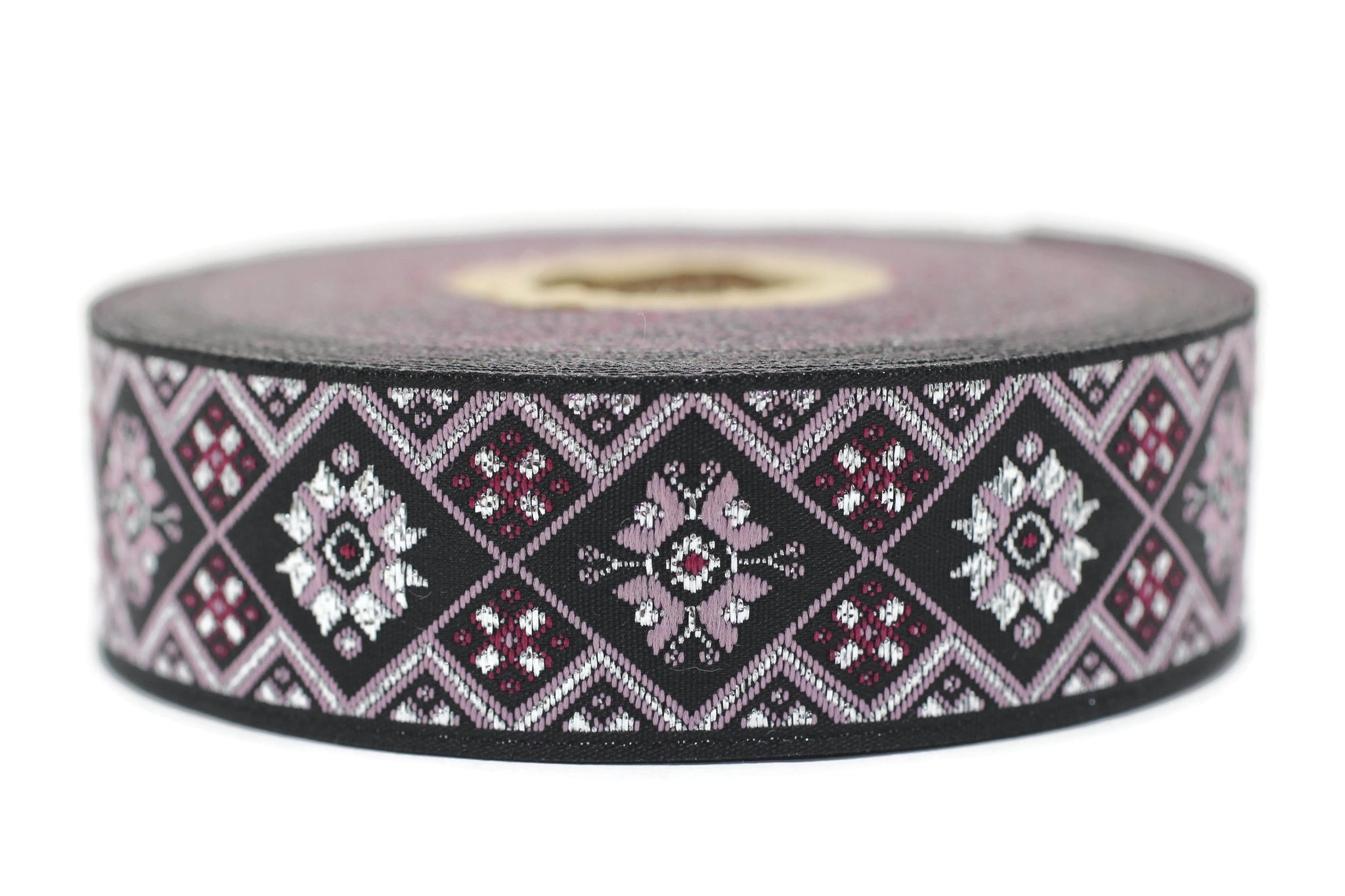 25 mm Black/Poudre Geometric Ribbon (0.98 inches), Geometric trim, jacquard trim, craft supplies, vintage trim, jacquard ribbon, 25975