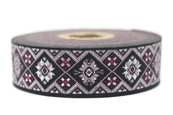 25 mm Black/Poudre Geometric Ribbon (0.98 inches), Geometric trim, jacquard trim, craft supplies, vintage trim, jacquard ribbon, 25975