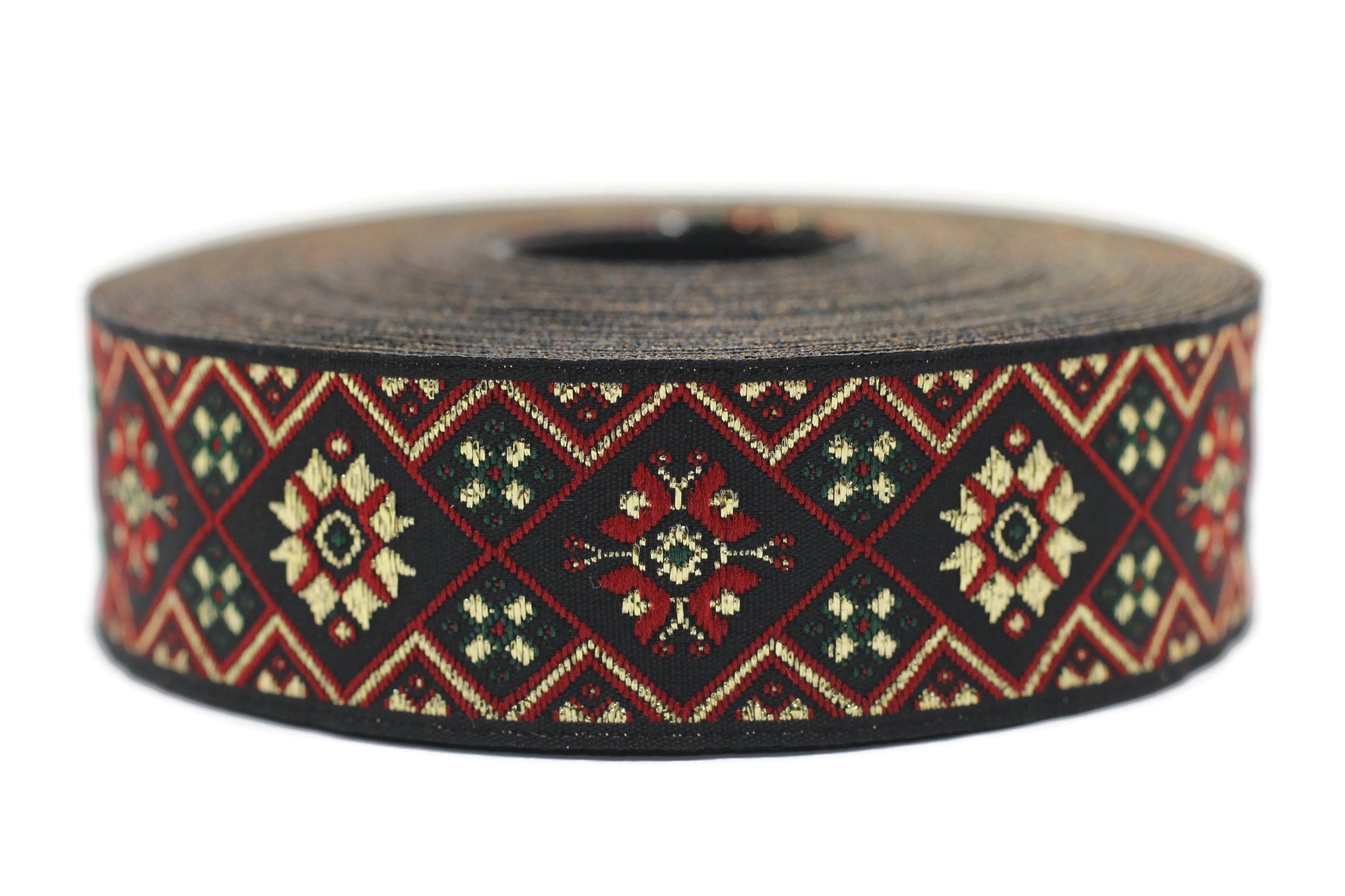 25 mm Red/Green Geometric Ribbon (0.98 inches), Geometric trim, jacquard trim, craft supplies, vintage trim, jacquard ribbon, 25975