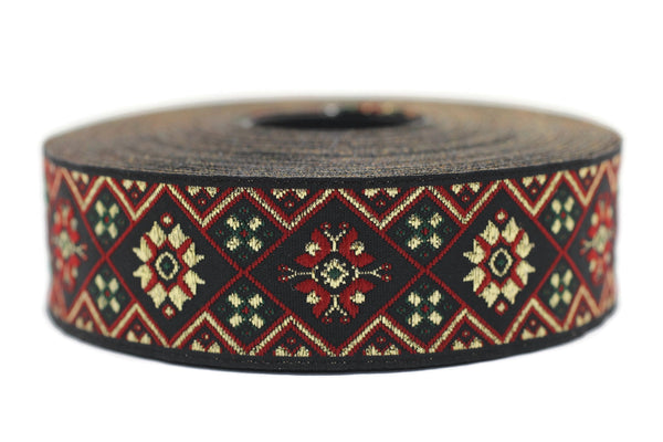 25 mm Red/Green Geometric Ribbon (0.98 inches), Geometric trim, jacquard trim, craft supplies, vintage trim, jacquard ribbon, 25975