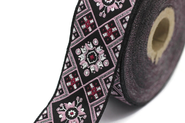 35 mm Black/Poudre Geometric Ribbon, (1.37 inches), Geometric trim, jacquard trim, craft supplies, vintage trim, Jacquard ribbon, 35975