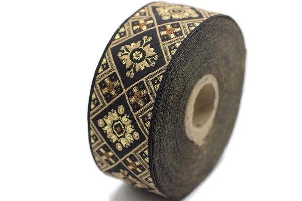 35 mm Golden Geometric Ribbon, (1.37 inches, Geometric trim, jacquard trim, craft trim by the yards, vintage trim, Jacquard ribbon, 35975
