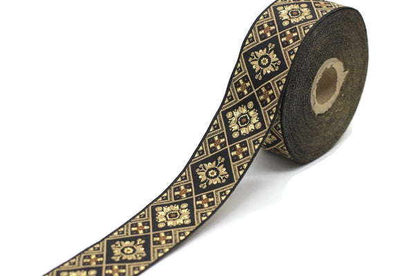 35 mm Golden Geometric Ribbon, (1.37 inches, Geometric trim, jacquard trim, craft trim by the yards, vintage trim, Jacquard ribbon, 35975