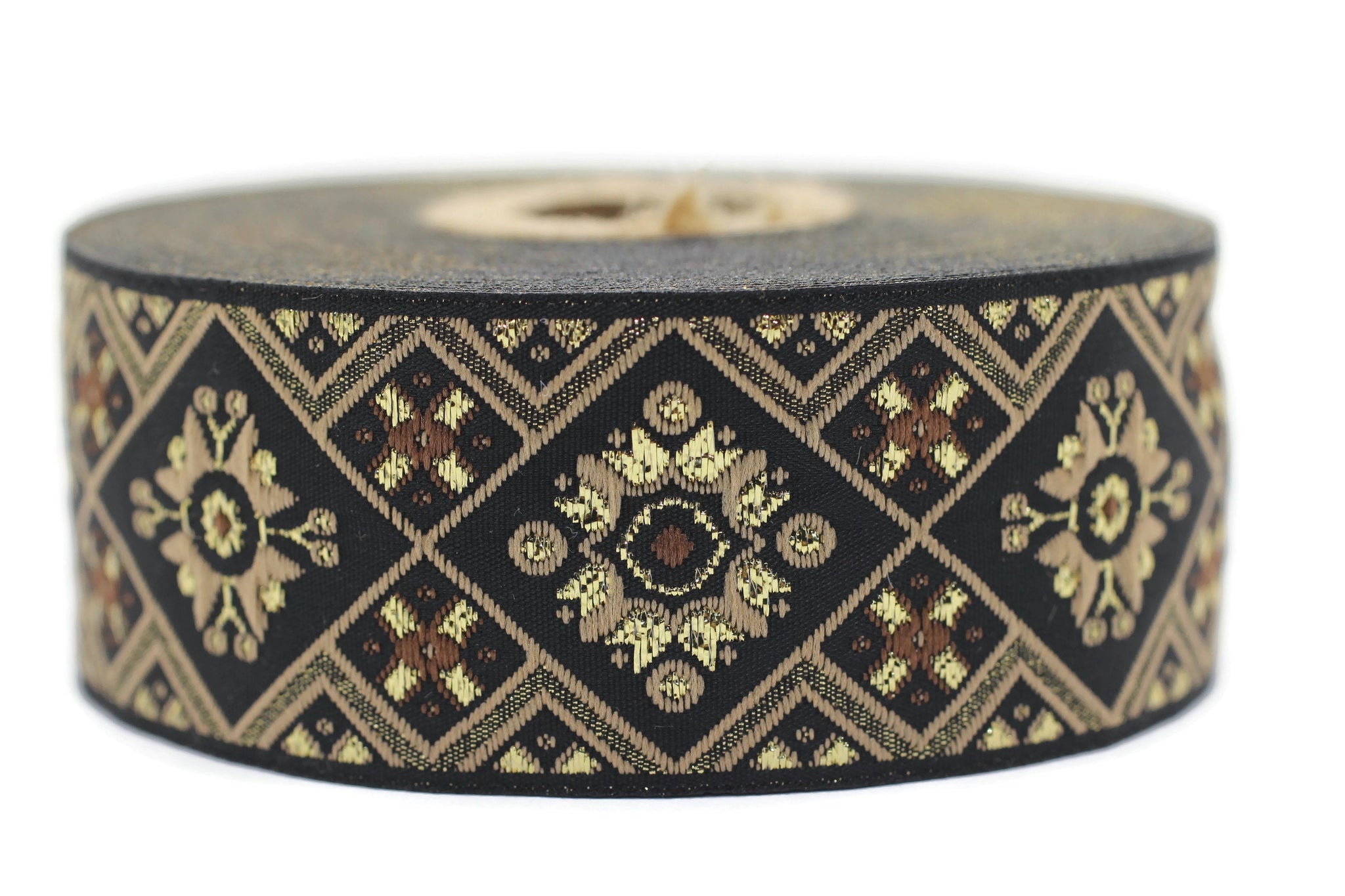 35 mm Golden Geometric Ribbon, (1.37 inches, Geometric trim, jacquard trim, craft trim by the yards, vintage trim, Jacquard ribbon, 35975