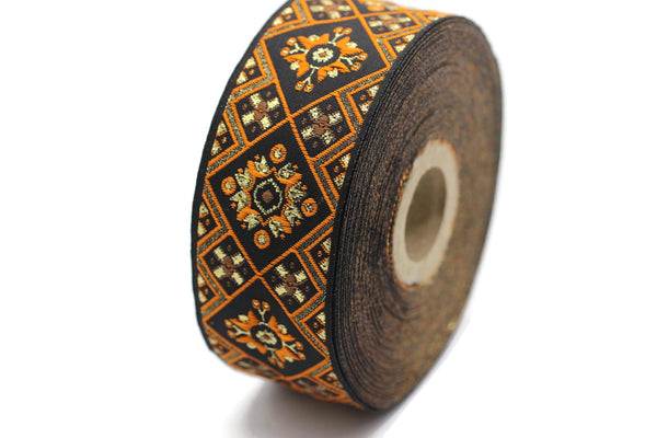 35 mm Orange Geometric Ribbon, (1.37 inch, Geometric trim, jacquard trim, craft supplies, vintage trim, jacquard ribbon, sewing trim, 35975