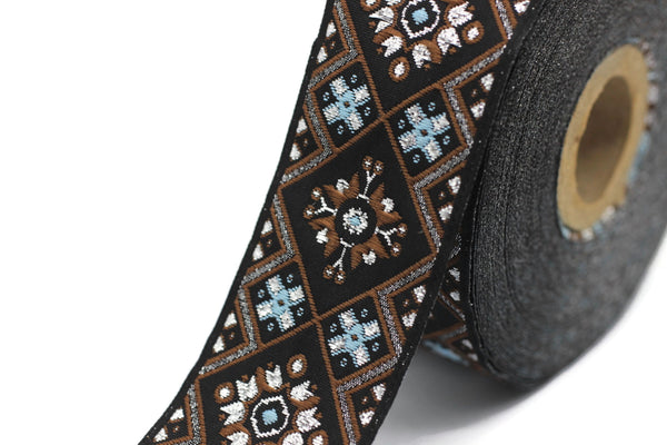35 mm Blue/Brown Geometric Ribbon, (1.37 inches), Geometric trim, jacquard trim, craft supplies, vintage trim, Brocade Ribbon, 35975