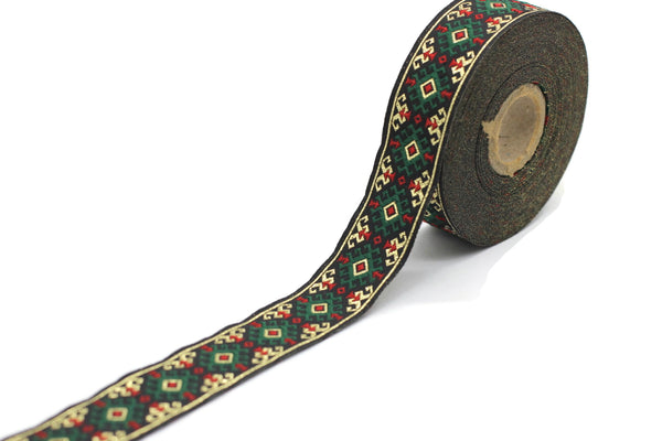 25 mm Green/gold Snowy Jacquard trim (0.98 inches), vintage Ribbon, Decorative Craft Ribbon, Sewing, Jacquard ribbon, Trim, ribbon, 25953