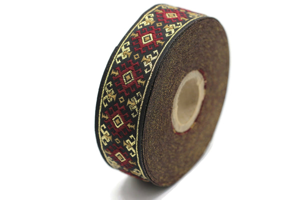 25 mm Red/gold Snowy Jacquard trim (0.98 inches), vintage Ribbon, Decorative Craft Ribbon, Sewing, Jacquard ribbon, costume trim, 25953