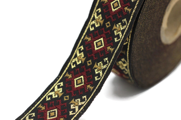 25 mm Red/gold Snowy Jacquard trim (0.98 inches), vintage Ribbon, Decorative Craft Ribbon, Sewing, Jacquard ribbon, costume trim, 25953