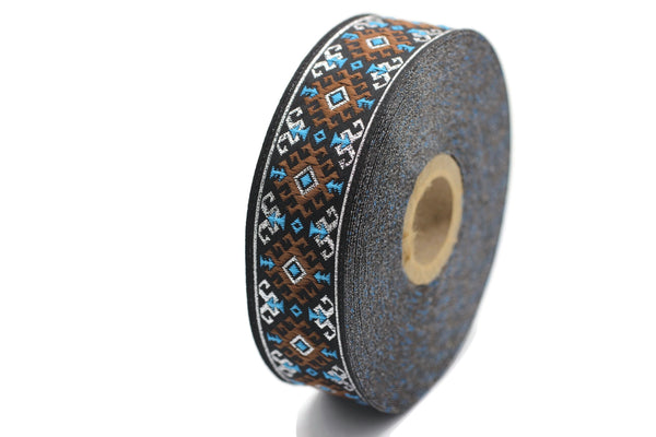 25 mm Brown/Light Blue Snowy Jacquard trim (0.98 inches), vintage Ribbon, Decorative Craft Ribbon, Sewing, Jacquard ribbon, Trim, 25953