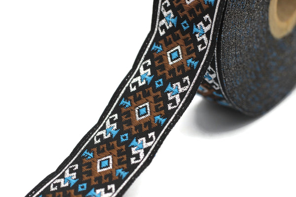 25 mm Brown/Light Blue Snowy Jacquard trim (0.98 inches), vintage Ribbon, Decorative Craft Ribbon, Sewing, Jacquard ribbon, Trim, 25953