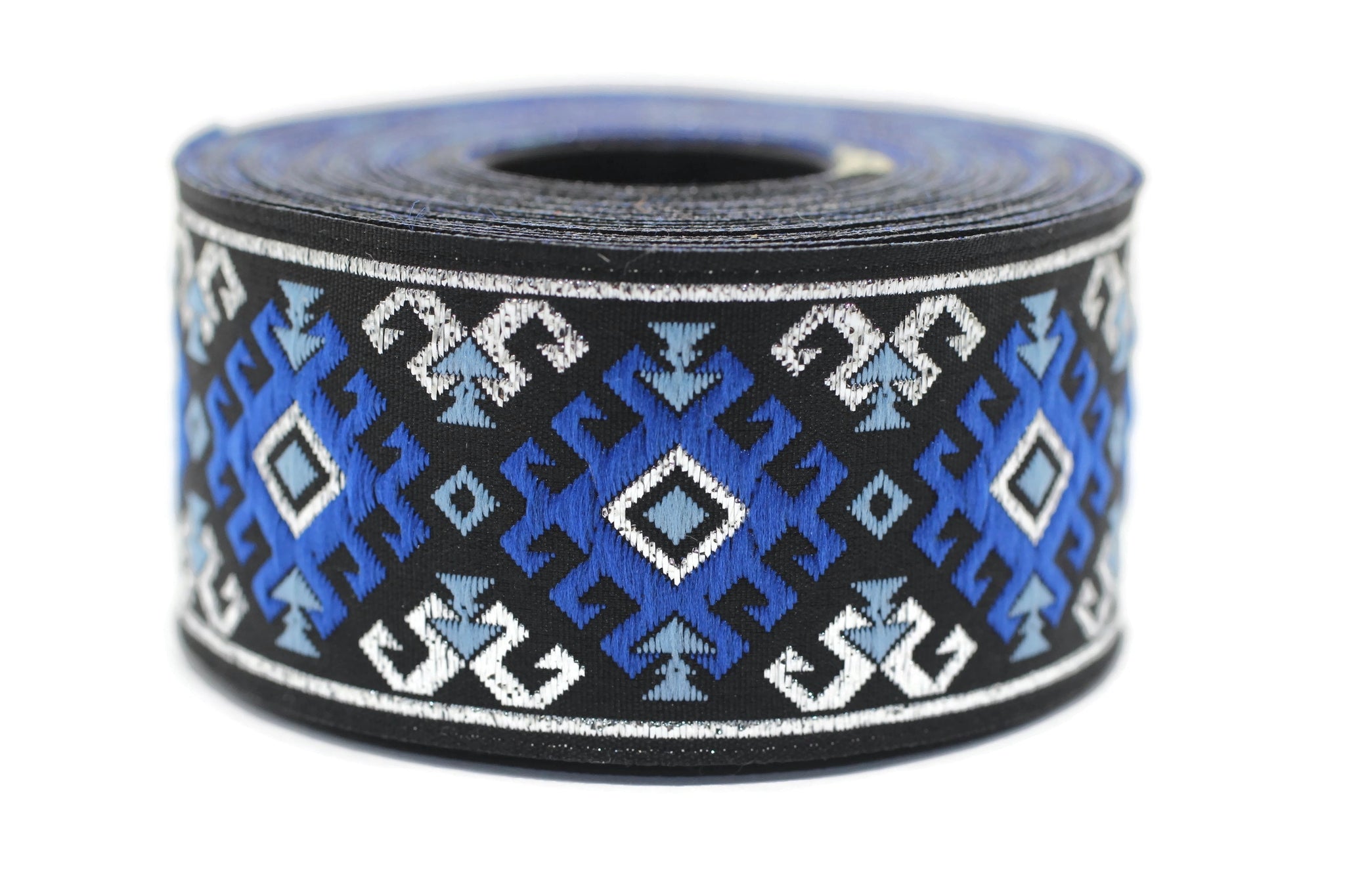 35 mm Snowy metallic Blue/Silver jacquard ribbons 1.37 inches, Snowy embroidered trim, woven trim, woven jacquards, woven border, 35953