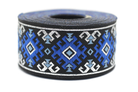 35 mm Snowy metallic Blue/Silver jacquard ribbons 1.37 inches, Snowy embroidered trim, woven trim, woven jacquards, woven border, 35953