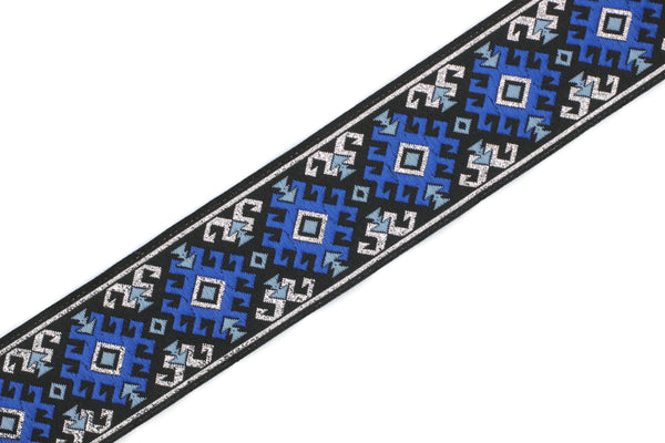 35 mm Snowy metallic Blue/Silver jacquard ribbons 1.37 inches, Snowy embroidered trim, woven trim, woven jacquards, woven border, 35953