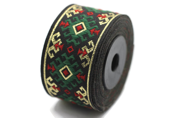 35 mm Snowy metallic Green/Gold jacquard ribbons 1.37 inches, Snowy embroidered trim, woven trim, woven jacquards, woven border, 35953