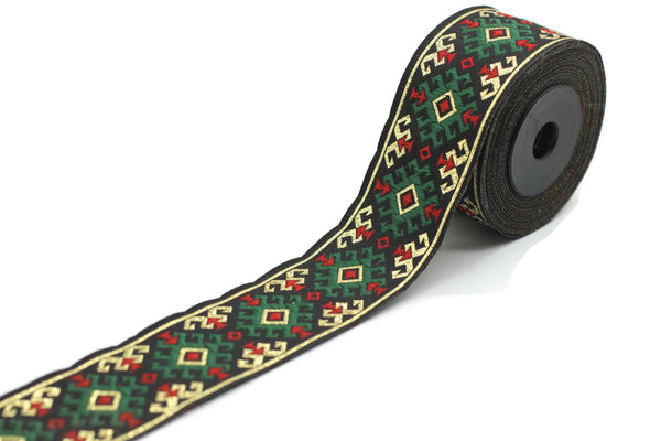 35 mm Snowy metallic Green/Gold jacquard ribbons 1.37 inches, Snowy embroidered trim, woven trim, woven jacquards, woven border, 35953