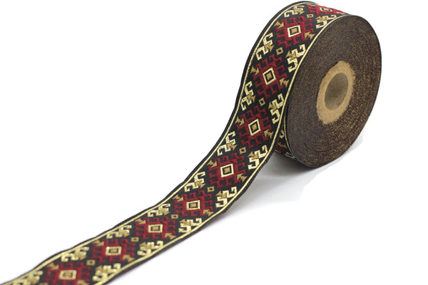 35 mm Snowy metallic Red/Gold jacquard ribbons 1.37 inches, Snowy embroidered trim, woven trim, woven jacquards, woven border, 35953