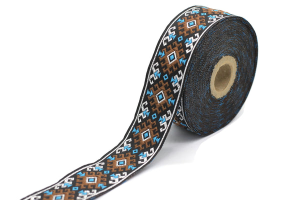 35 mm Snowy metallic Brown/Light Blue jacquard ribbons 1.37 inches, Snowy embroidered trim, woven trim, woven jacquards, woven border, 35953
