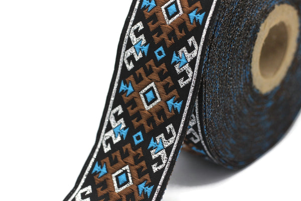 35 mm Snowy metallic Brown/Light Blue jacquard ribbons 1.37 inches, Snowy embroidered trim, woven trim, woven jacquards, woven border, 35953