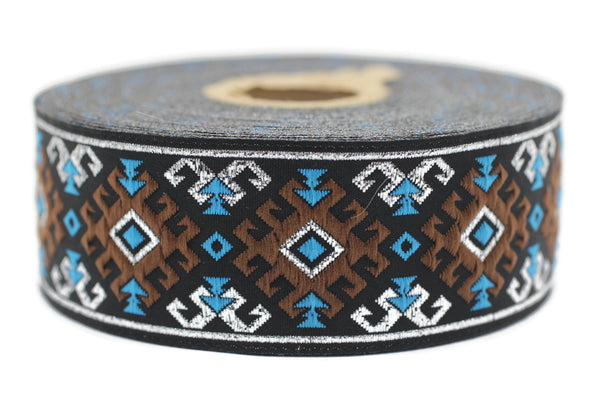 35 mm Snowy metallic Brown/Light Blue jacquard ribbons 1.37 inches, Snowy embroidered trim, woven trim, woven jacquards, woven border, 35953