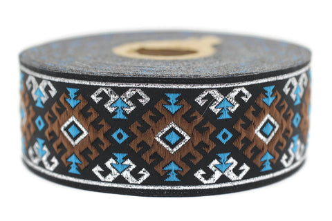 35 mm Snowy metallic Brown/Light Blue jacquard ribbons 1.37 inches, Snowy embroidered trim, woven trim, woven jacquards, woven border, 35953