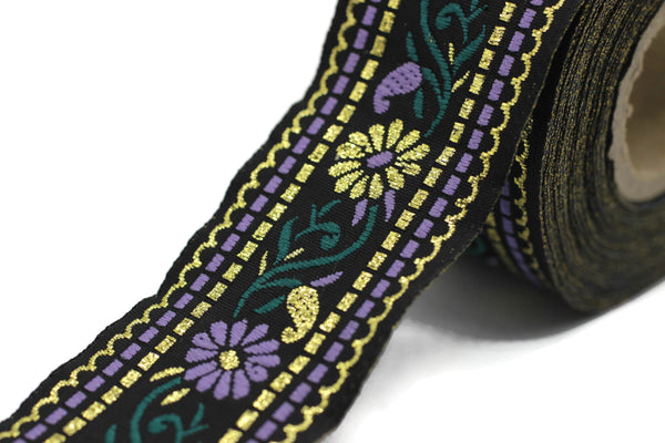 35 mm Black & Purple Floral Jacquard ribbon (1.37 inches),Jacquard trim, Sewing Trim, Collar Trim, Ribbon by the yards, Vintage ribbon 35095