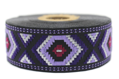 35 mm Purple jacquard ribbons 1.37 inches, Geometric embroidered trim, woven trim, woven jacquards, woven border, 35952