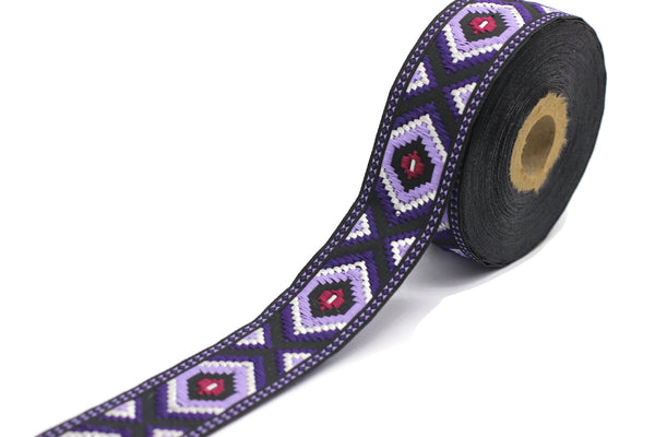 35 mm Purple jacquard ribbons 1.37 inches, Geometric embroidered trim, woven trim, woven jacquards, woven border, 35952