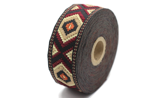 35 mm Brown / Claret red jacquard ribbons 1.37 inches, Geometric embroidered trim, woven trim, woven jacquards, woven border, 35952