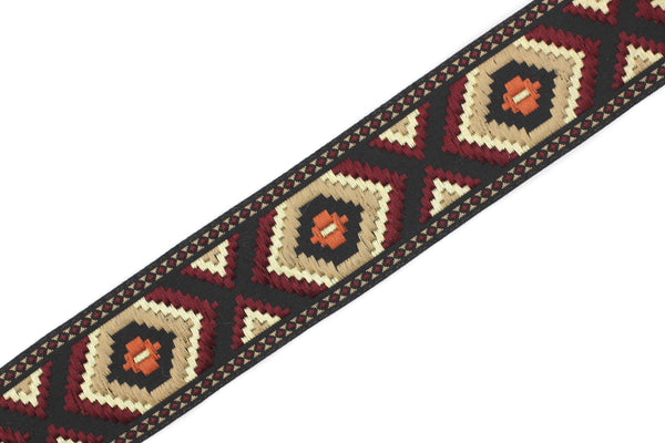 35 mm Brown / Claret red jacquard ribbons 1.37 inches, Geometric embroidered trim, woven trim, woven jacquards, woven border, 35952