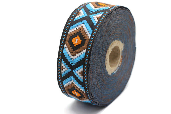 35 mm Sky Blue jacquard ribbons 1.37 inches, Geometric embroidered trim, woven trim, woven jacquards, woven border, 35952