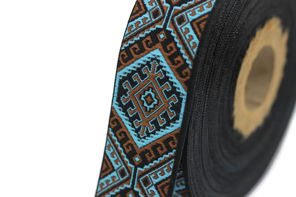 25mm Blue/Brown embroidered ribbon, Jacquard ribbon, Decorative ribbon, Craft Ribbon, Jacquard trim, costume ribbon, sewing trim 25708