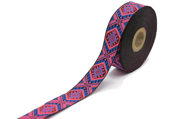 25mm Blue/Pink embroidered ribbon, Jacquard ribbon, 0.98 Decorative ribbon, Craft Ribbon, Jacquard trim, costume ribbon, sewing trim, 25708