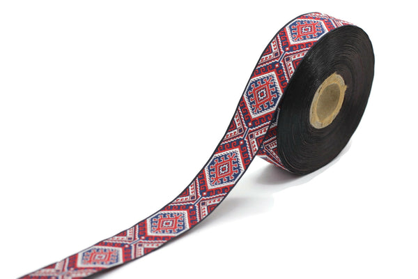 25mm Red/Blue embroidered ribbon, Jacquard ribbon, 0.98inc Decorative ribbon, Craft Ribbon, Jacquard trim, costume ribbon, sewing trim 25708