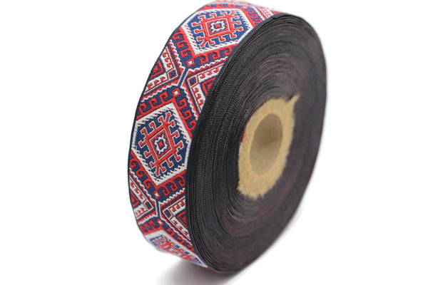 25mm Red/Blue embroidered ribbon, Jacquard ribbon, 0.98inc Decorative ribbon, Craft Ribbon, Jacquard trim, costume ribbon, sewing trim 25708