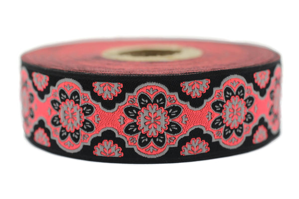 25 mm Neon Pink Floral ribbon, Jacquard ribbon, 0.98inch, Decorative ribbon, Craft Ribbon, Jacquard trim, costume ribbon, sewing trim, 25707