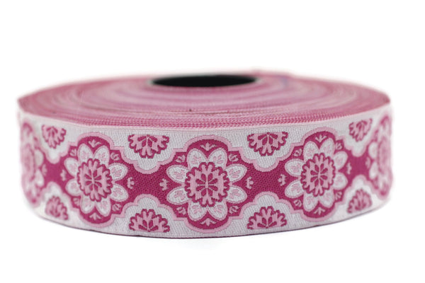 25 mm Pink Floral ribbon, Jacquard ribbon, 0.98 inches, Decorative ribbon, Craft Ribbon, Jacquard trim, costume ribbon, sewing trim, 25707