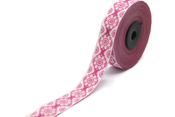 25 mm Pink Floral ribbon, Jacquard ribbon, 0.98 inches, Decorative ribbon, Craft Ribbon, Jacquard trim, costume ribbon, sewing trim, 25707